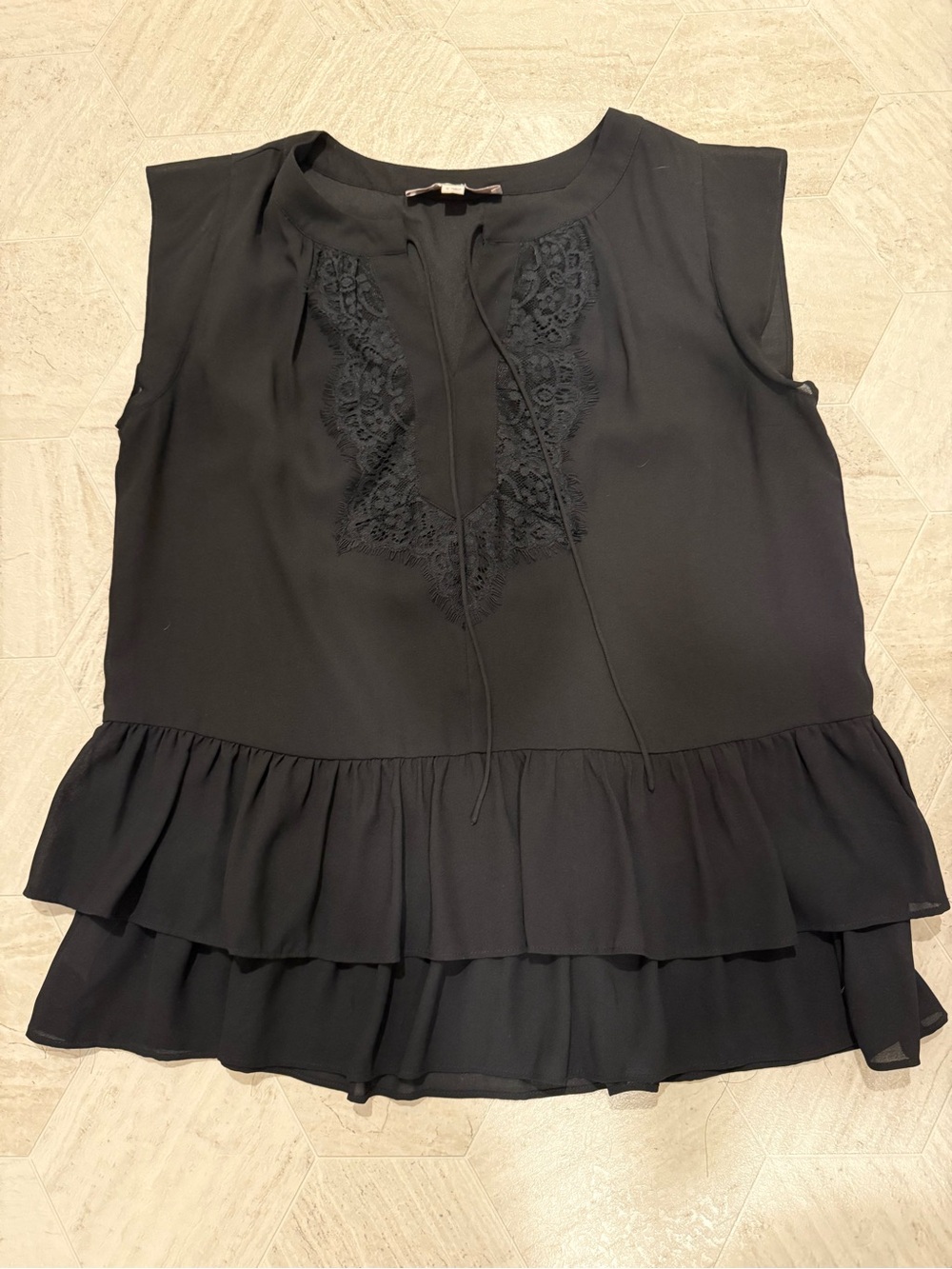 LOFT Black Lace-Trim Ruffle Hem Tie-Front Camisole